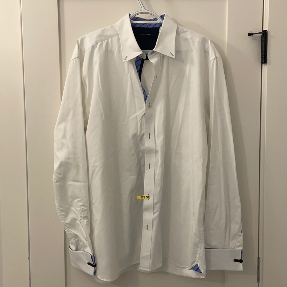Selected Homme white button down dress shirt with blue/green details